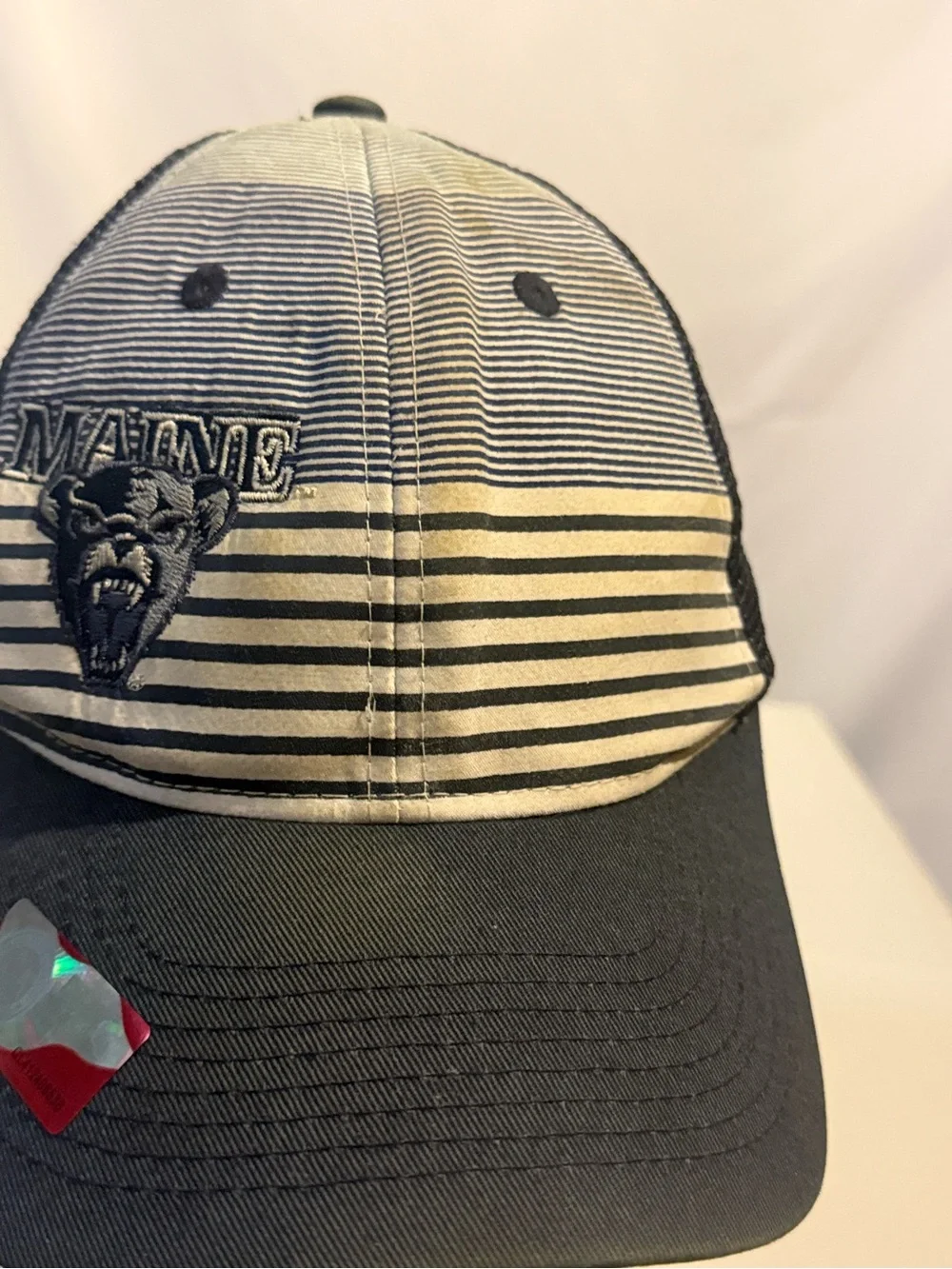 Head Kids Striped Baseball Hat in Black and Cream with Mascot Patch